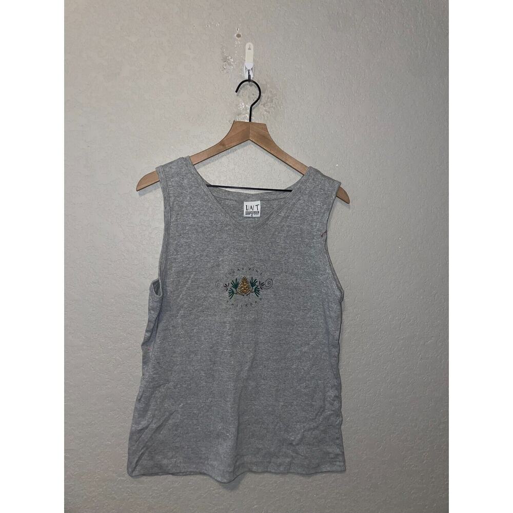 Womens Sugar Pine Shirt Railroad Pinecone Gray Sleeveless Lait Tank VTG 90s XL